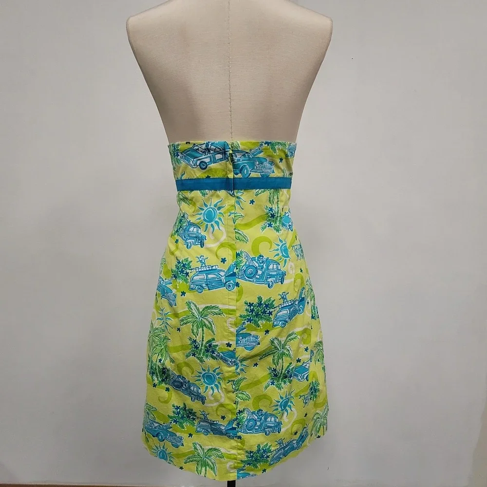 Lilly Pulitzer Vintage Sabrina Dress Size 6 Cruisin Car Print Strapless Bow - Picture 2 of 9